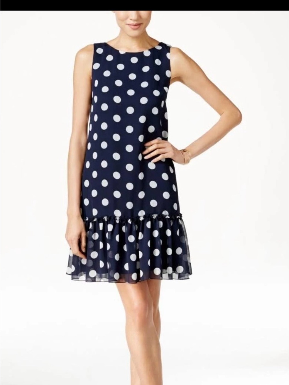 Tommy Hilfiger Navy and White Polka Dot Sleeveless Ruffle-Hem Mini Dress
